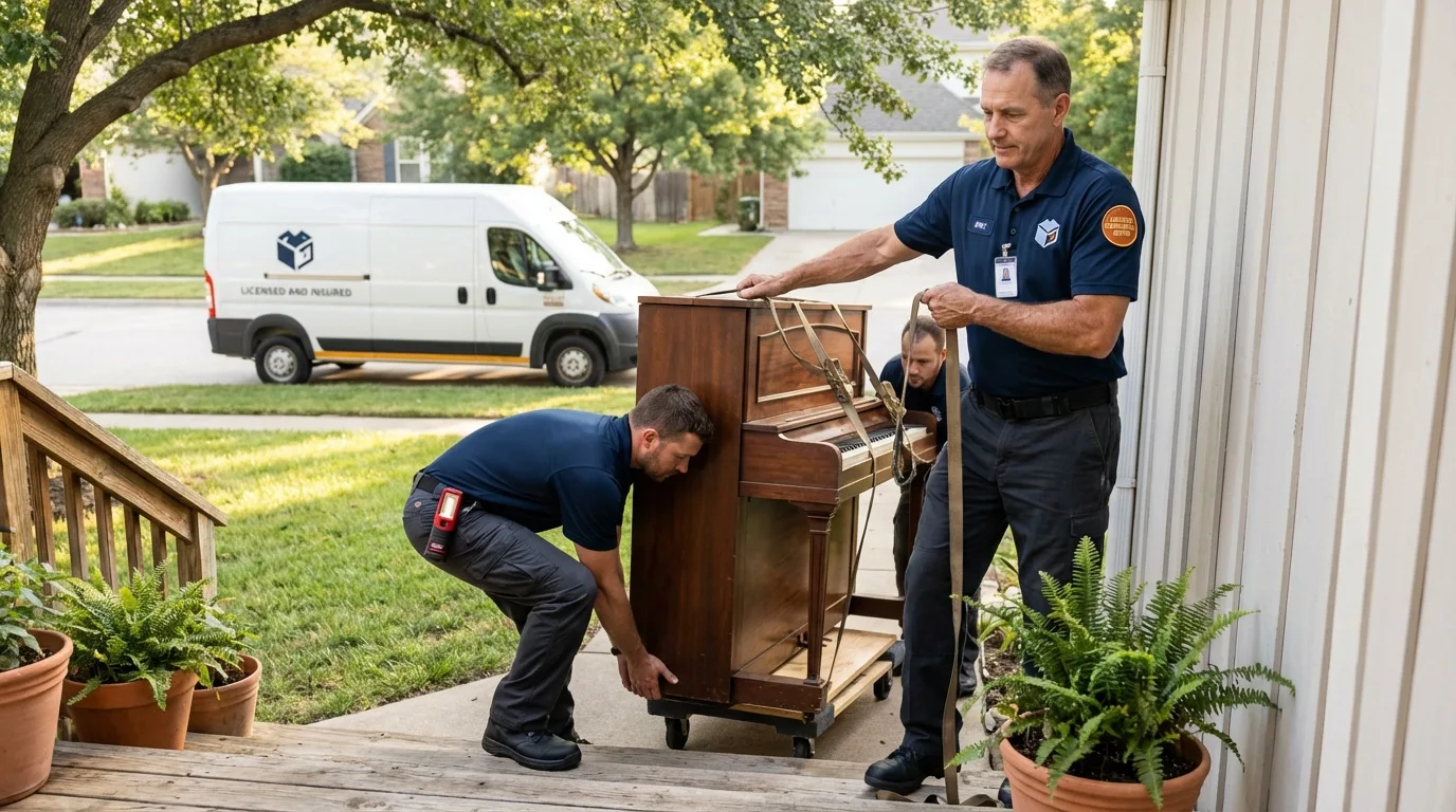 Licensed piano movers securing grand piano in Saint Joseph, MO